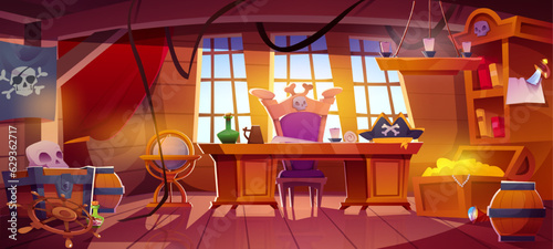 Pirate ships cabin. Captain interior with wooden table and table, flag with jolly roger and globe. Room with furniture, cocked hat, chest of gold treasures and scoops. Cartoon flat vector illustration