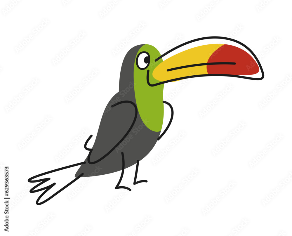 Fototapeta premium Cute friendly animal. Tropical bird with large beak in hand-drawn style. Doodle outline exotic toucan for wallpaper and textile design. Cartoon flat vector illustration isolated on white background