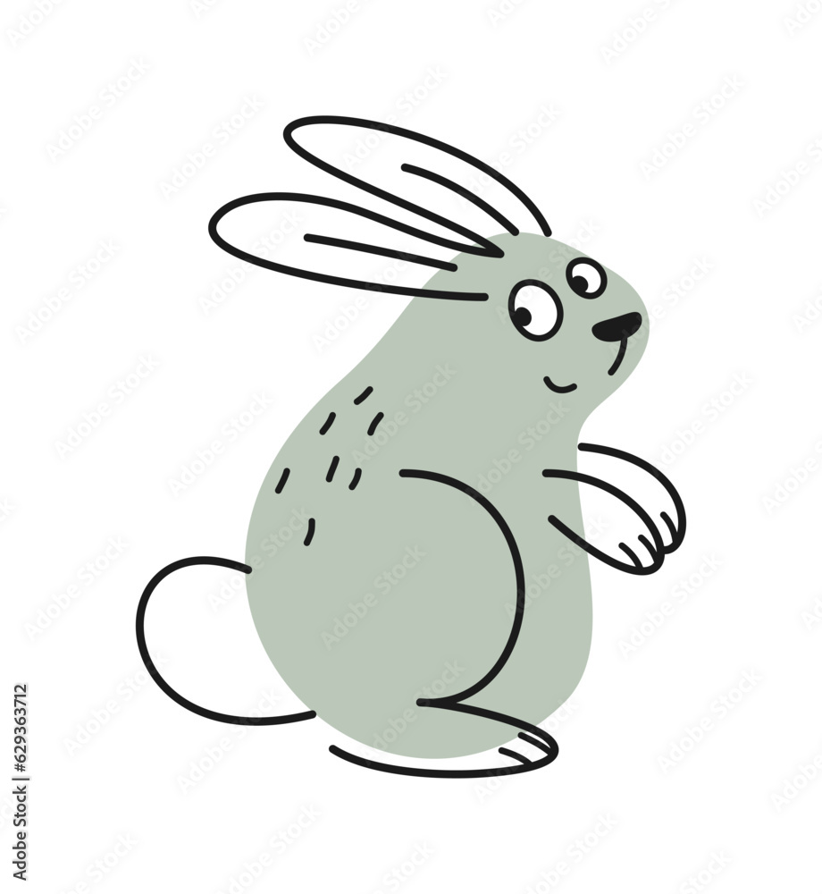 Cute friendly animal. Funny gray linear hare or rabbit in hand drawn doodle style. Bunny with ears for fabric and wallpaper design. Cartoon flat vector illustration isolated on white background Cute friendly animal. Funny gray linear hare or rabbit in hand drawn doodle style. Bunny with ears for fabric and wallpaper design. Cartoon flat vector illustration isolated on white background