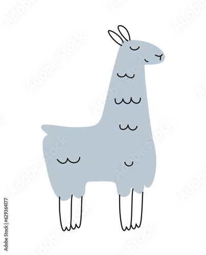 Cute African animal. Adorable llama or alpaca with blue fur in doodle style. Hand drawn character for wrapping and textile design. Cartoon flat vector illustration isolated on white background