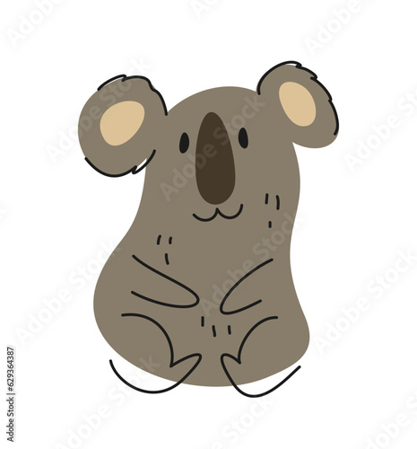 Cute African animal. Charming gray koala in hand drawn style. Doodle tropical character. Linear exotic beast print for cover design. Cartoon flat vector illustration isolated on white background