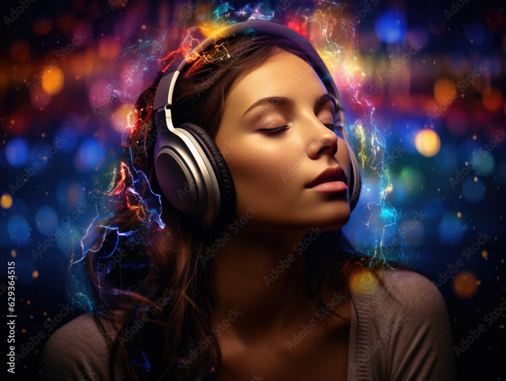YOung woman wearing headphones with eyes closed as she  listens to music.  Abstract background with colorful psychedelic flashes and light waves.