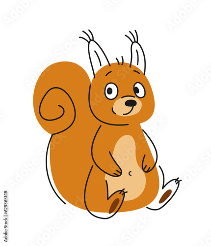Outline cute animal. Adorable forest fluffy squirrel in line art. Doodle print with forest character for wallpaper and package design. Cartoon flat vector illustration isolated on white background