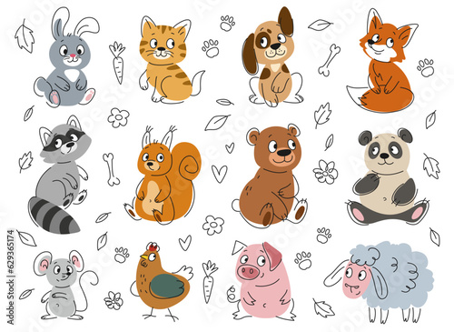 Outline cute animals set. Linear fox, bear, cat, dog, hare, squirrel, pig and sheep. Doodle print with mammals and birds for kids wrap design. Cartoon flat vector isolated on white background