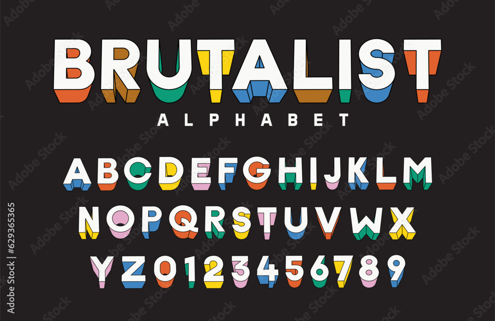 Brutalist vector premium alphabet. 3D filled outline font.