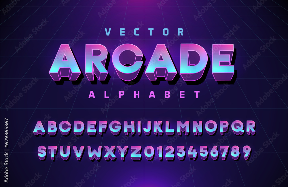 Vector arcade premium alphabet in purple violet blue colors. Vector 3d font. Text elements based on retrowave, synthwave, videogame graphic styles. Typeface based on 80s, 90s and y2k