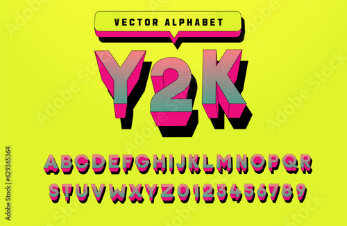 Y2K vector premium alphabet. 3D filled outline gradient font. Text elements based on 80s, 90s and y2k comic, cartoon and graphic styles