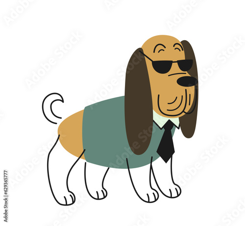 Cute dog in suit. Adorable linear bloodhound puppy in sunglasses and shirt. Hand drawn doodle print with pet for apps and webs. Cartoon flat vector illustration isolated on white background