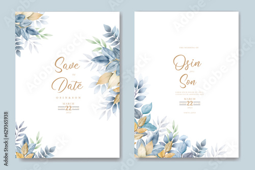 navy blue leaves and gold wedding invitation card watercolor 