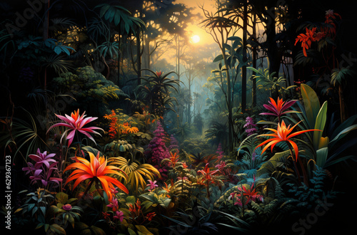 "La Jungle Magique" : Une jungle abstraite où des plantes exotiques et des fleurs fantastiques se fondent dans un écosystème envoûtant. 