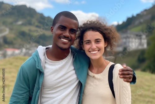 Smiling mixed race young couple posing outside looking at the camera