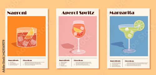 Fotobehang Set of posters with cocktails vector