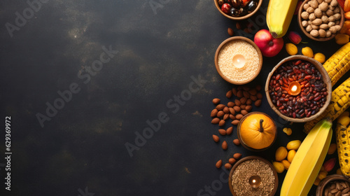 Fruits Nuts and Grains on a Dark Blue Background Healthy Food and Nutrition Theme AI Generative