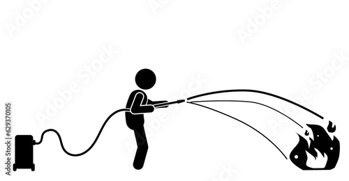 illustration and icon stick figure,stickman,pictogram. fire, put out the fire, the house is on fire