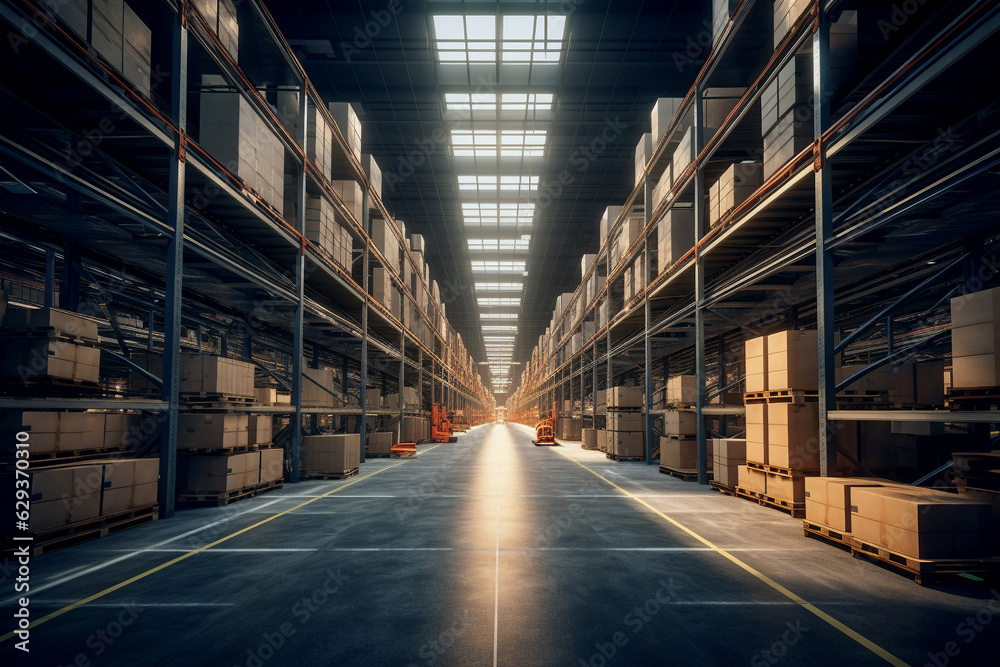  Warehouse with Pallet Racks, Goods, Forklift, and Cargo Distribution, Industrial Storage Facility, Generative AI