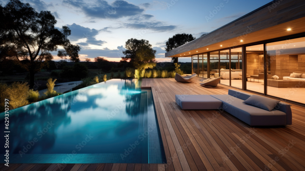 A beautiful, expensive, luxury villa with a large outdoor pool in the evening at sunset. Generative AI