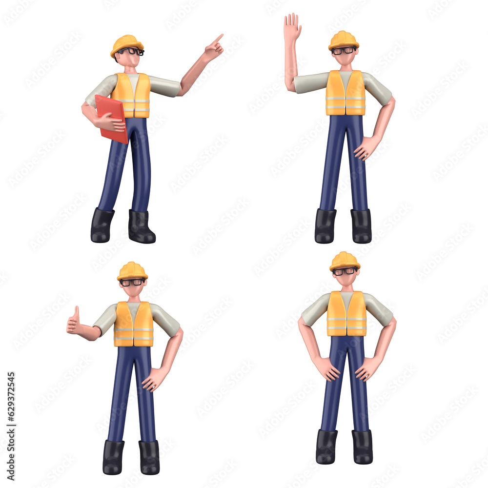 Construction worker in various poses. Labor Day. 3d illustration isolated on white background.