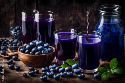 Fresh blueberry juice with berries on wooden background