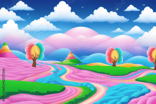 A landscape of soft, sugary colors, with whimsical shapes and clouds of candy. A pastoral vision of a fantasy world, sweet and inviting. Magical, dreamy, playful concept.