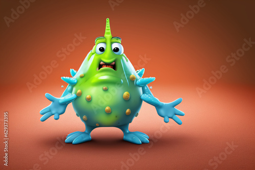 A microscopic virus character with a funny expression. Representing diseases, contamination and poor hygiene. 3D animation style. Contamination, fear, humor concept.