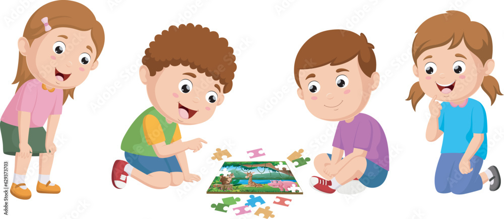 Cute little kids cartoon playing puzzle