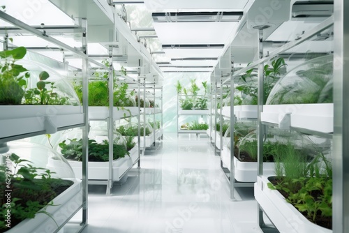 Futuristic agriculture hydroponics lab with scifi experimental growing plants to help humans to survive to an apocalypse or dry or climate changes, reworked and enhanced ai generated photography photo