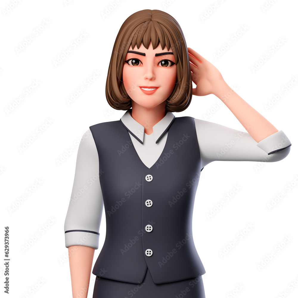 3D Illustration of Business woman put her right hand Behind her head, shy pose 3D Illustration of Business woman put her right hand Behind her head, shy pose