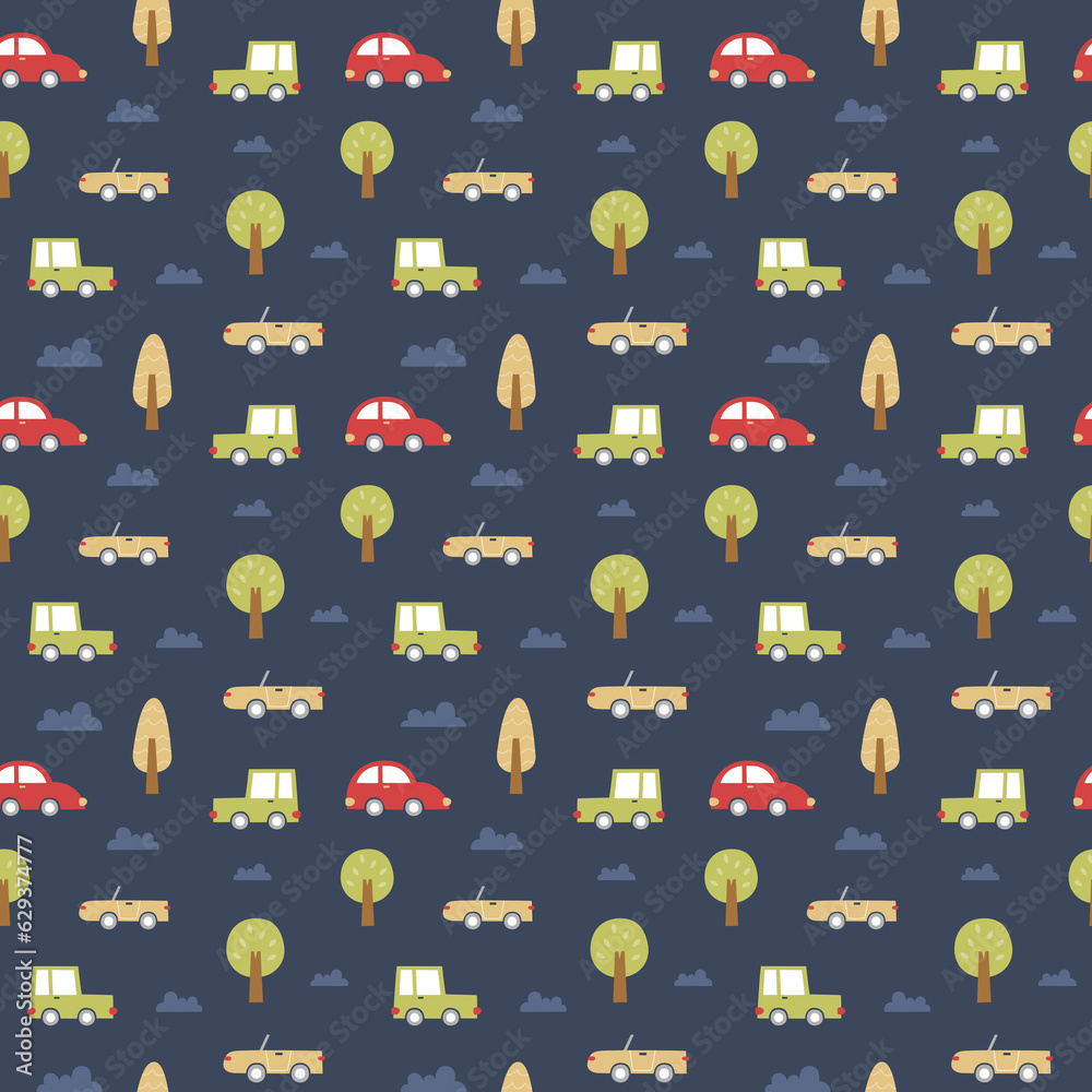 Fototapeta premium Kids seamless pattern with cars and trees for fabric, wallpaper, paper