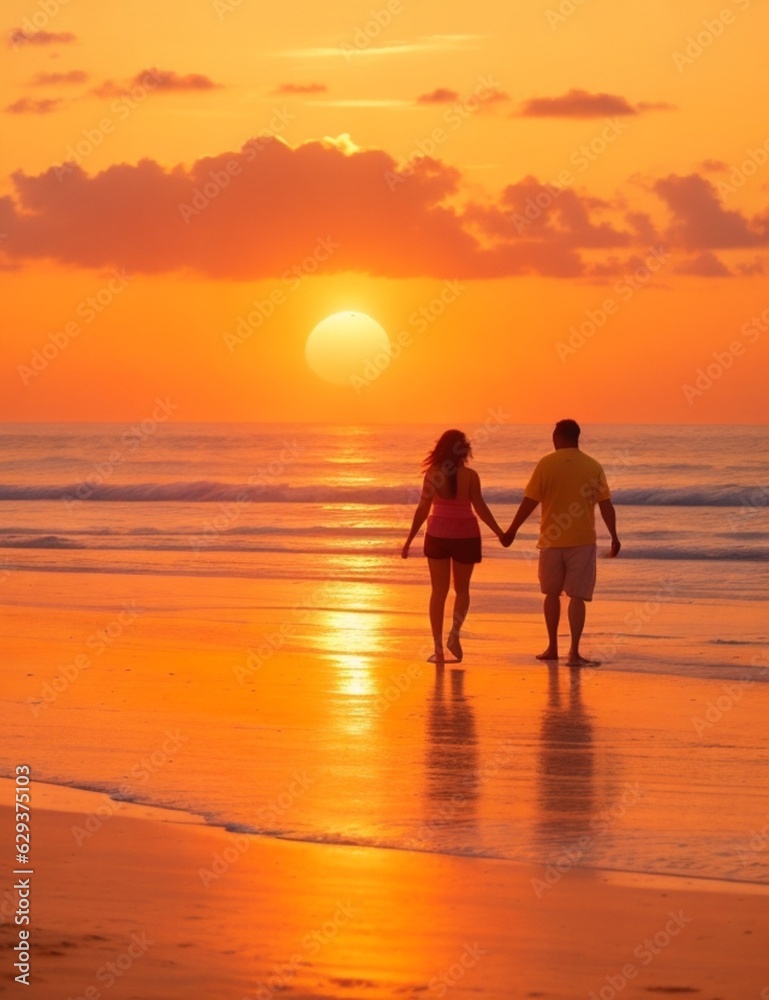 A couple walks hand in hand on the beach at sunset ( 2)