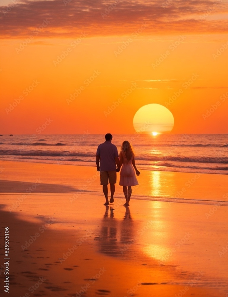 A couple walks hand in hand on the beach at sunset ( 3)