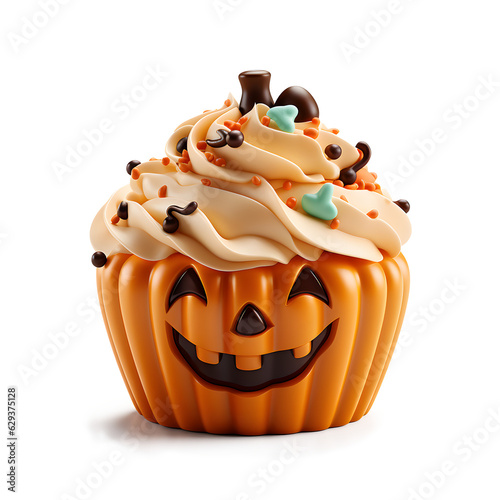 Fotografiet cute 3d cupcake orange pumpkin halloween on transparent background cutout, PNG file
