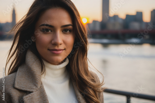 Beautiful woman wearing elegant coat, city background. Generative AI