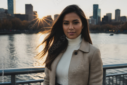 Beautiful woman wearing elegant coat, city background. Generative AI