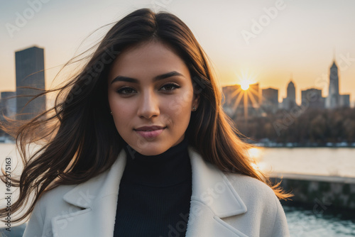 Beautiful woman wearing elegant coat, city background. Generative AI