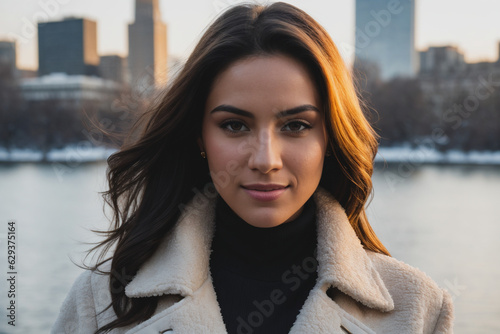 Beautiful woman wearing elegant coat, city background. Generative AI