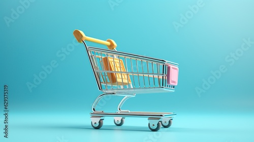 3d Shopping Trolley, Online Shopping Concept. on a blue background