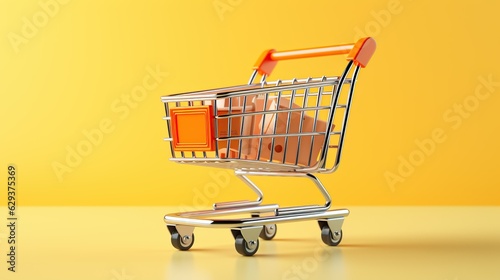 3d Shopping Trolley, Online Shopping Concept. on a yellow background