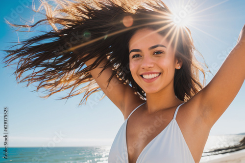Happy woman with arms raised on a beach. Generative AI