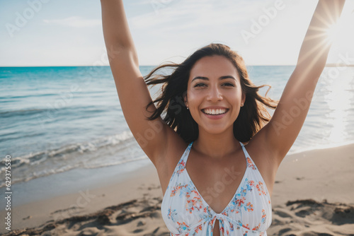 Happy woman with arms raised on a beach. Generative AI