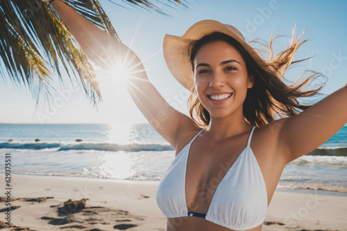 Happy woman with arms raised on a beach. Generative AI