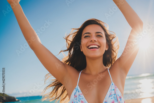 Happy woman with arms raised on a beach. Generative AI