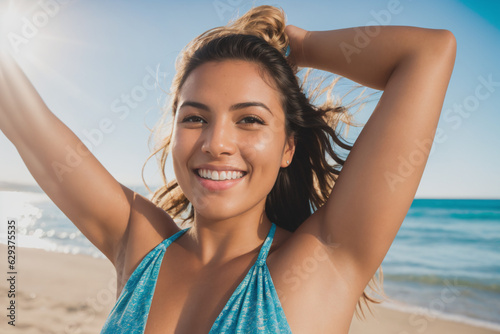 Happy woman with arms raised on a beach. Generative AI