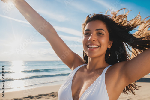 Happy woman with arms raised on a beach. Generative AI