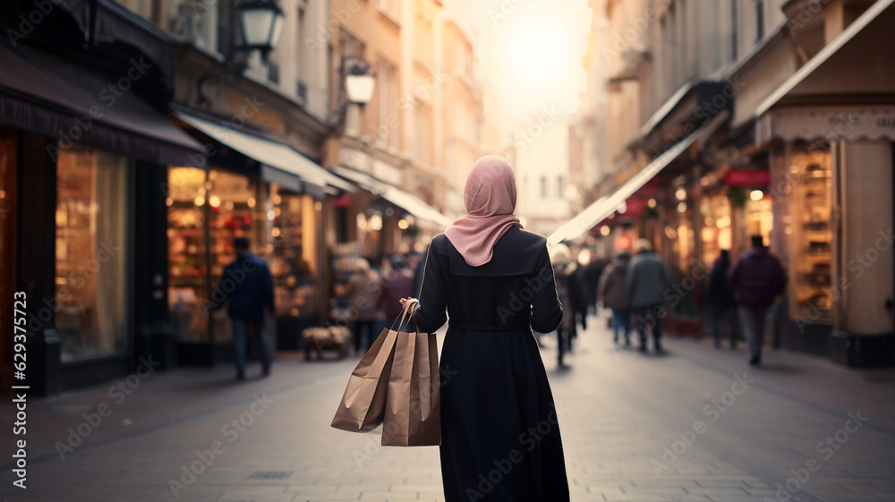 Muslim Shopper carrying shopping bags. View from behind