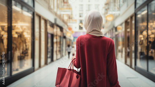 Muslim Shopper carrying shopping bags. View from behind