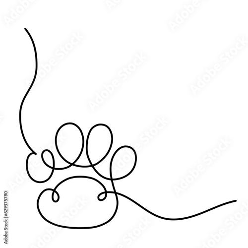 Pet paw print single line art design. Dog or cat footprint black and white outline frame drawing