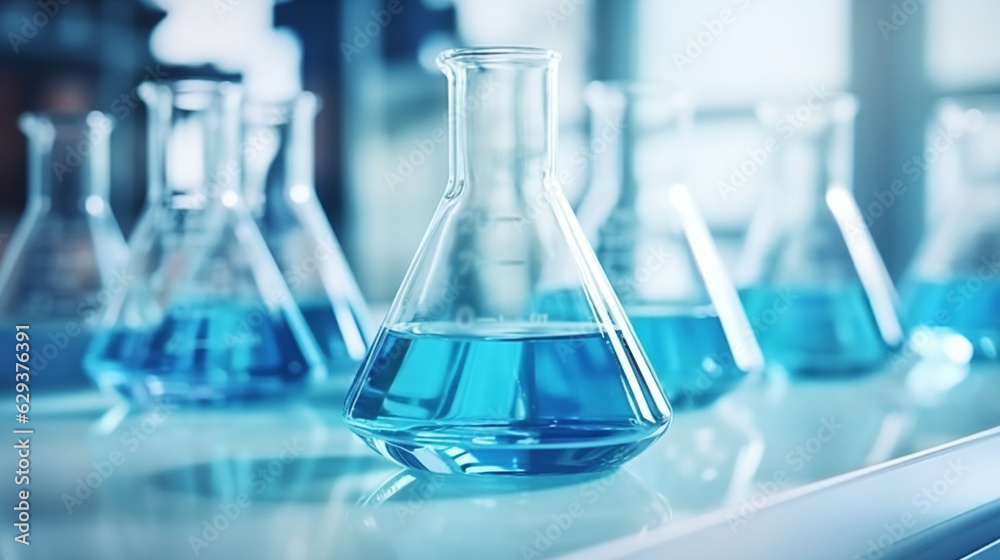 Laboratory flasks contain chemical liquid on white table in laboratory room. medical research and chemistry study concept. generative AI Laboratory flasks contain chemical liquid on white table in laboratory room. medical research and chemistry study concept. generative AI