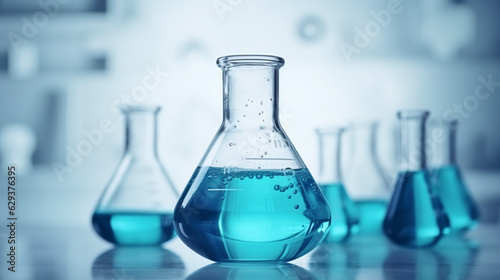  Laboratory flasks contain chemical liquid on white table in laboratory room. medical research and chemistry study concept. generative AI