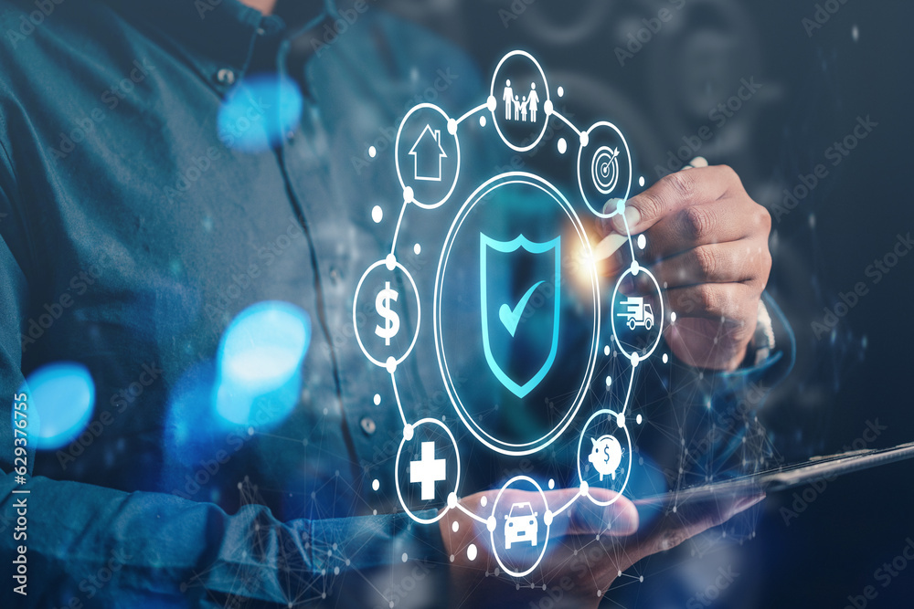 Fototapeta premium insurance, protection, assurance, family, health, saving, finance, life, shielding, healthcare. use tablet to choose icon like clock and center that's shield icon show, insurance and asset protection.