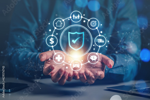 insurance, protection, assurance, family, health, saving, finance, life, shielding, health care. prop up insurance and asset hud. that's icon is showing, assurance and life insurance to protect.